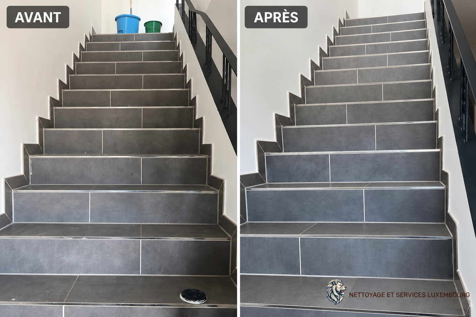 Escaliers avant et après nettoyage par NS-LUX